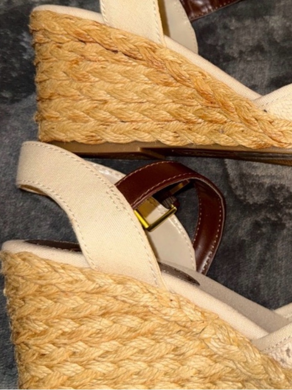 Chaps Cream Crochet Espadrille Wedges with Brown Ankle Strap - Picture 6 of 6